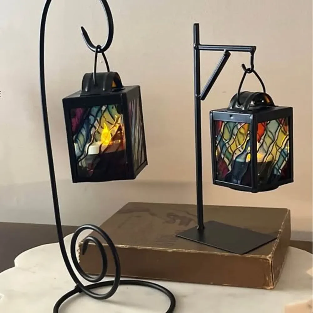 Set of 2 Stained Glass Style Hanging Lanterns with Black Metal Stands